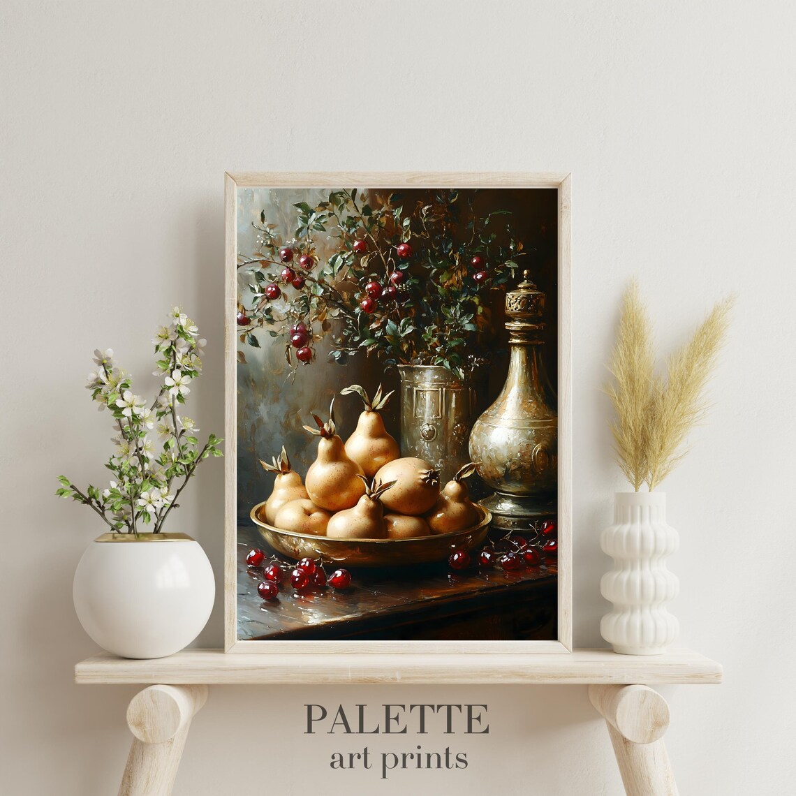 Vintage Pear Still Life Brass Ewer Berry Branch Kitchen Art Print - Image 3