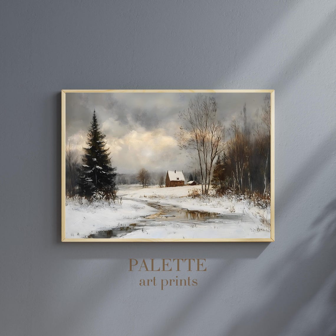Snowy Cottage Beside A Frozen Stream Winter Woodland Landscape Poster - Image 2