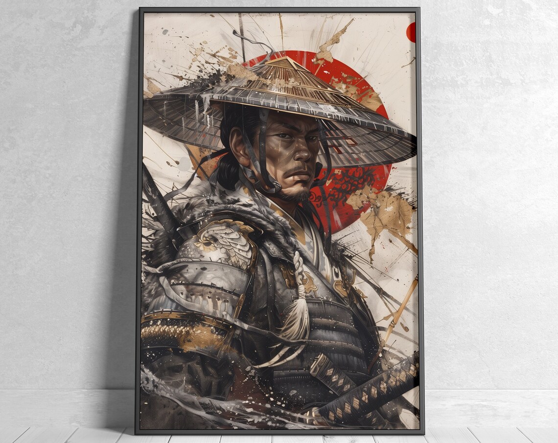 Samurai Portrait Art Straw Hat Red Sun Armor Warrior Painting Poster