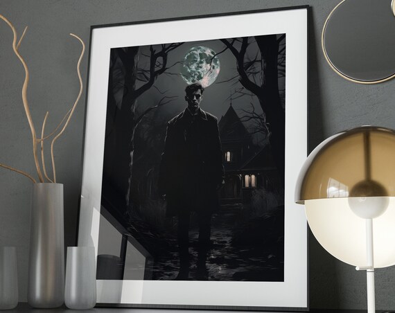 Pale Vampire Figure Gothic Mansion Green Moon Night Moody Dark Art Poster