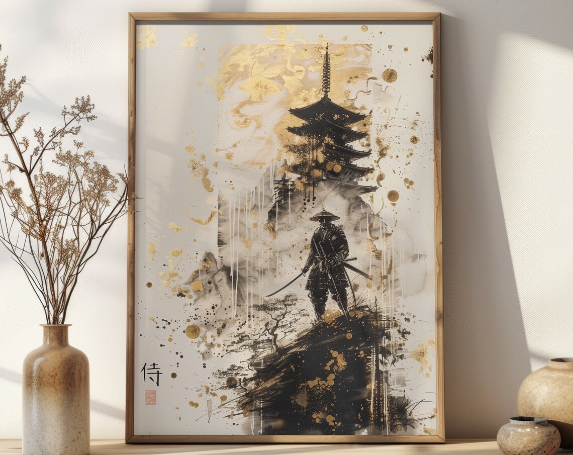 Black Gold Samurai Pagoda Japanese Ink Wash Painting Style Poster