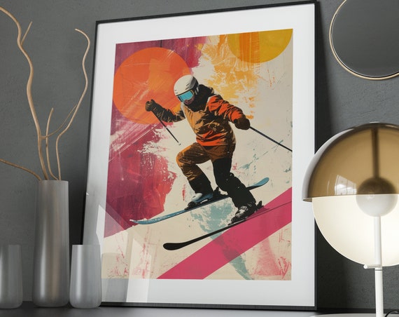 Eclectic Alpine Skiing Poster Wall Art Winter Sports Themed Decor Retro Pop Art Style Painting Bold Wall Art