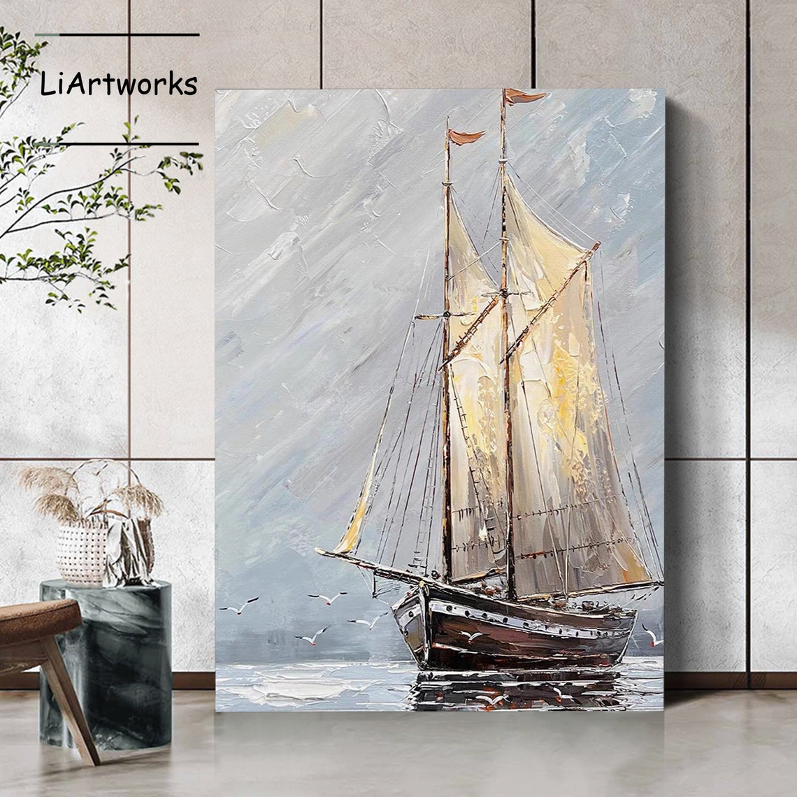 Extra Large Abstract Sailboat Oil Painting Original Nautical Painting Acrylic Textured Sailboat Painting Sea Landscape Art Living Room Decor - Image 2