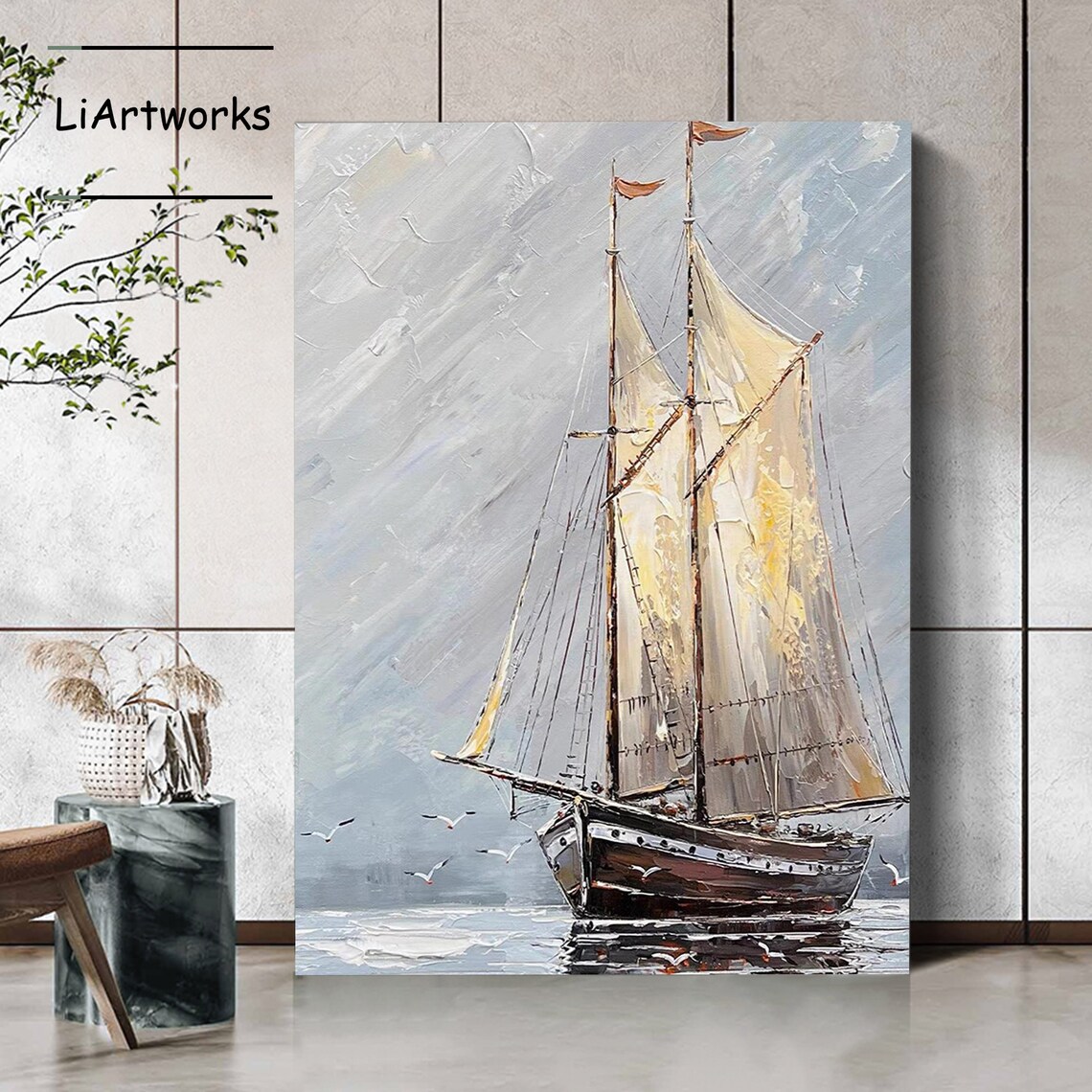 Tall Vintage Sailing Ship Oil Painting Gray Sea Seagulls Poster - Image 2