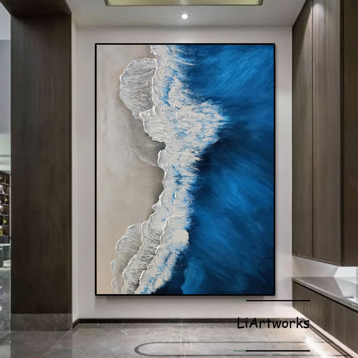 Aerial Ocean Wave Meeting White Sand Deep Blue Water Textured Poster - Image 3