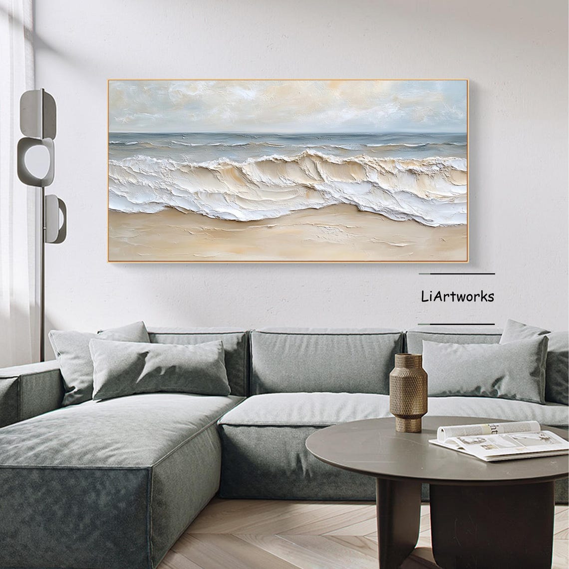 Soft Blue Ocean Wave Breaking Over Pale Sandy Shore Art Poster - Image 2