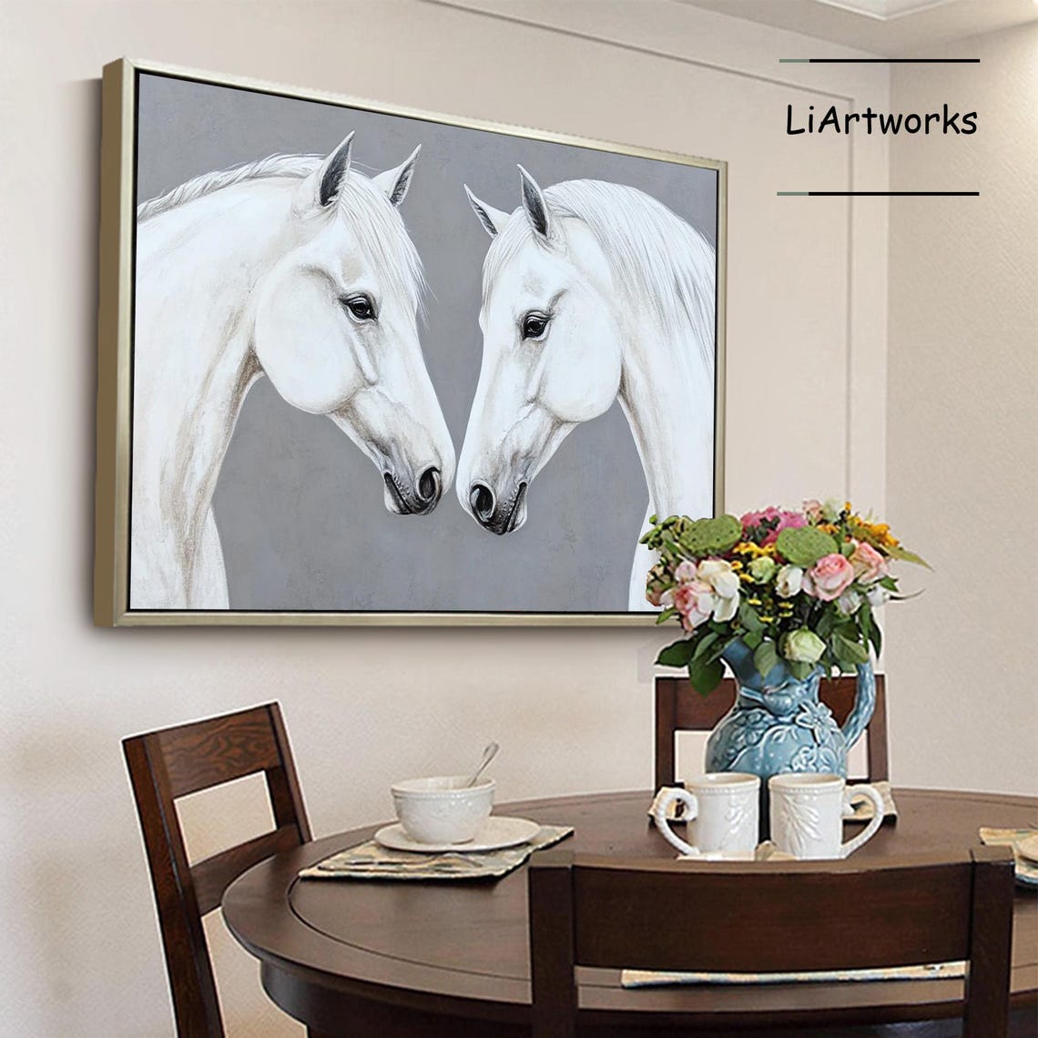 Gray And White Horse Portrait Oil Painting Original Animal Painting White Horse Wall Art Horse Painting Living Room Office Wall Decor - Image 3