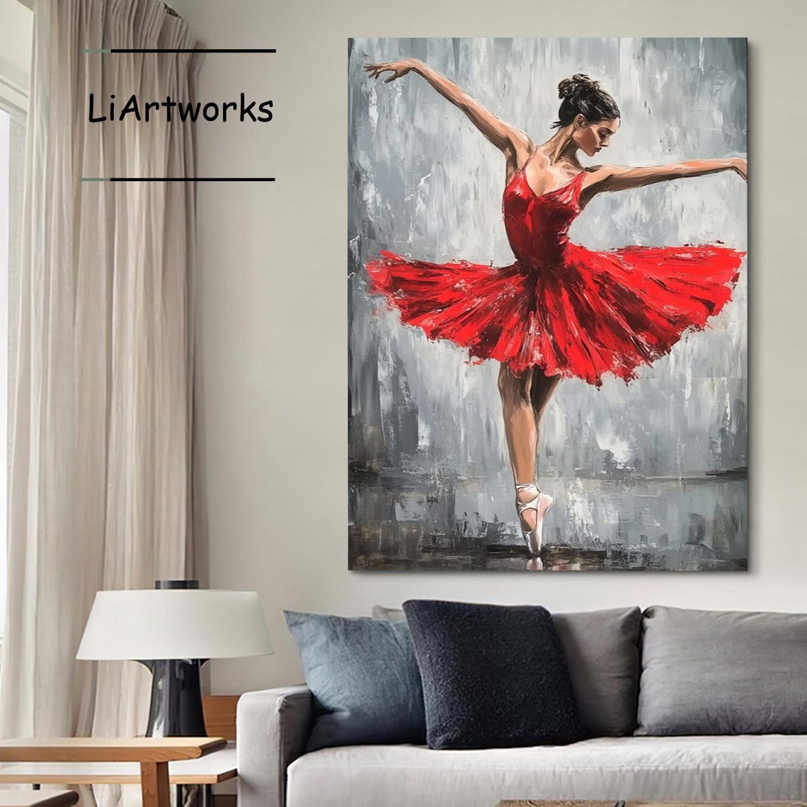 Large Elegant Ballerina Oil Painting Original Red Dress Ballet Girl Wall Art Dancing Girl Acrylic Painting Female Figure Art Gift For Her - Image 3