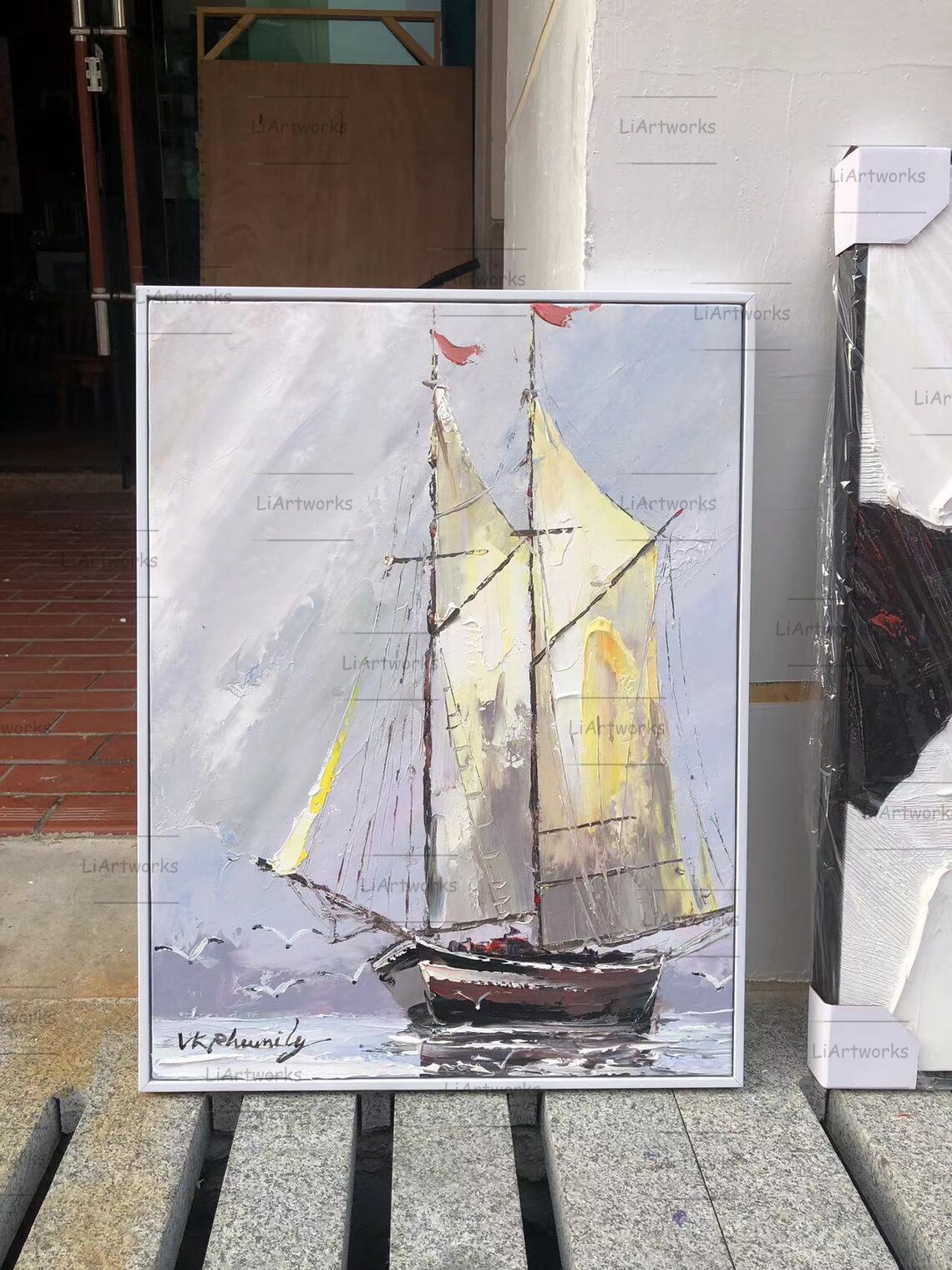 Tall Vintage Sailing Ship Oil Painting Gray Sea Seagulls Poster - Image 3