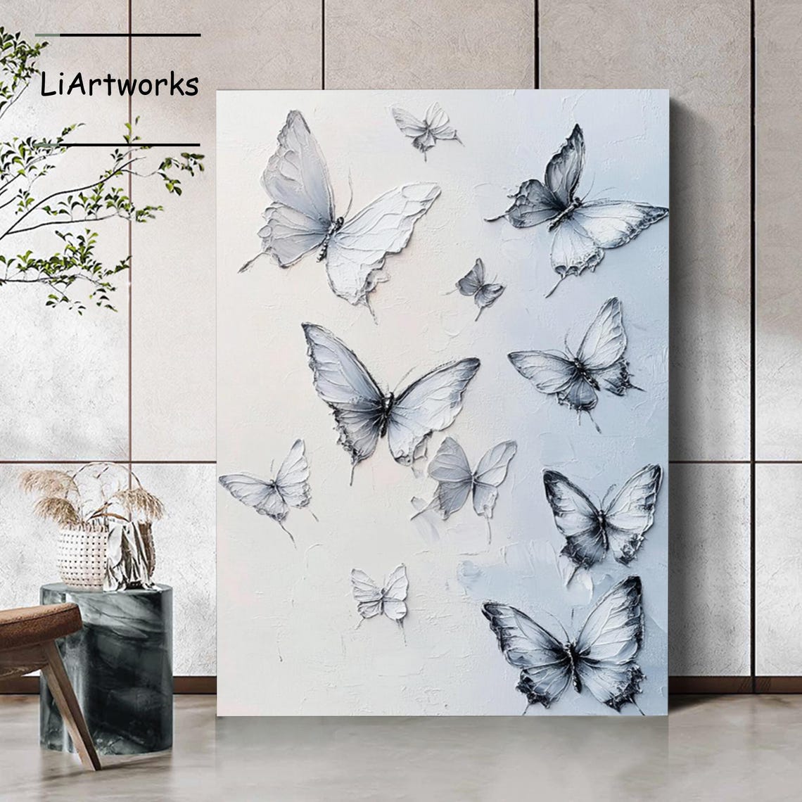 Ten White And Blue Butterflies 3D Textured Flight Art Poster - Image 2