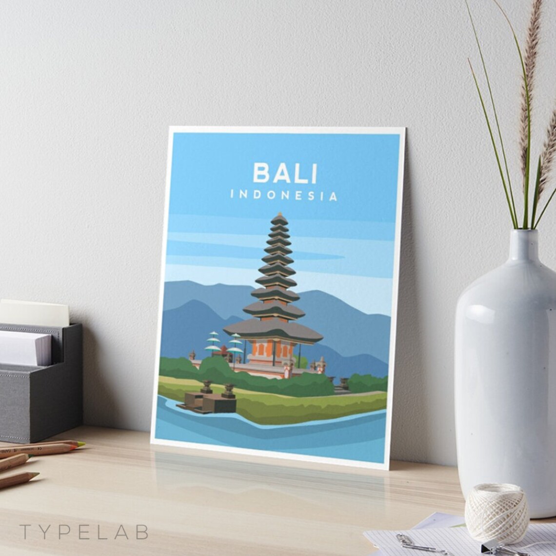 Bali Travel Poster, Ulun Danu Temple Landscape