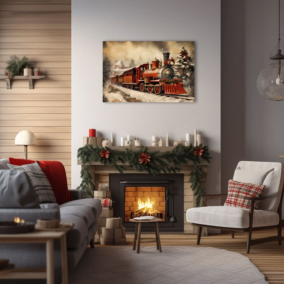 Vintage Red Christmas Steam Train in Snowy Night Landscape Poster - Image 2