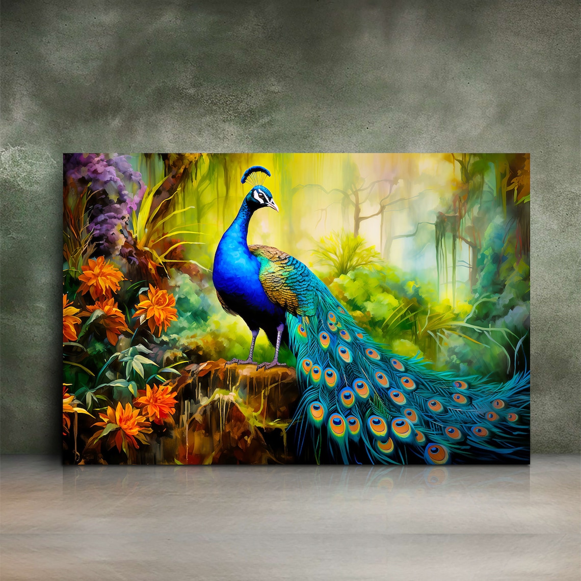 Majestic Blue Peacock in Tropical Jungle Painting Colorful Bird Poster - Image 3