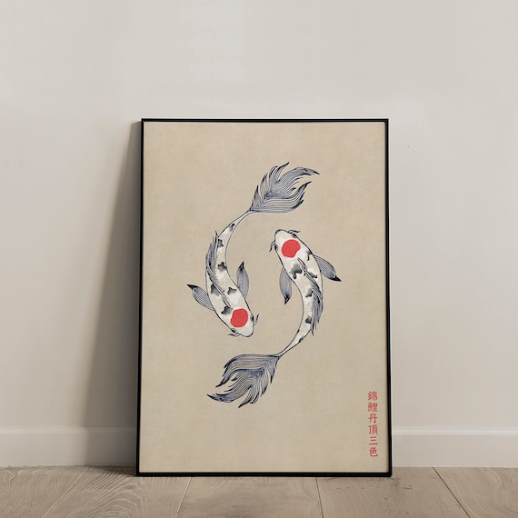 Koi Tancho Sanke Japanese Koi Wall Art Koi Fishes Poster Red Spot Koi Illustration Koi Fish Wall Art Beige Koi Fish Print