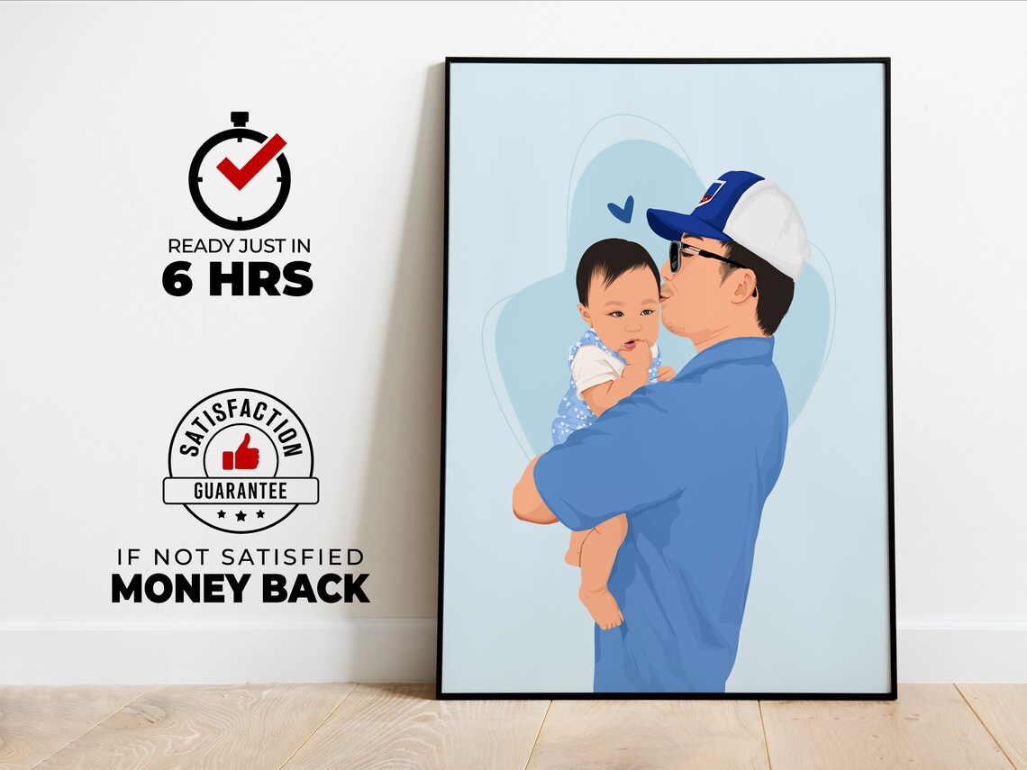 Custom Dad Kissing Baby Portrait in Blue Cap With Heart Poster