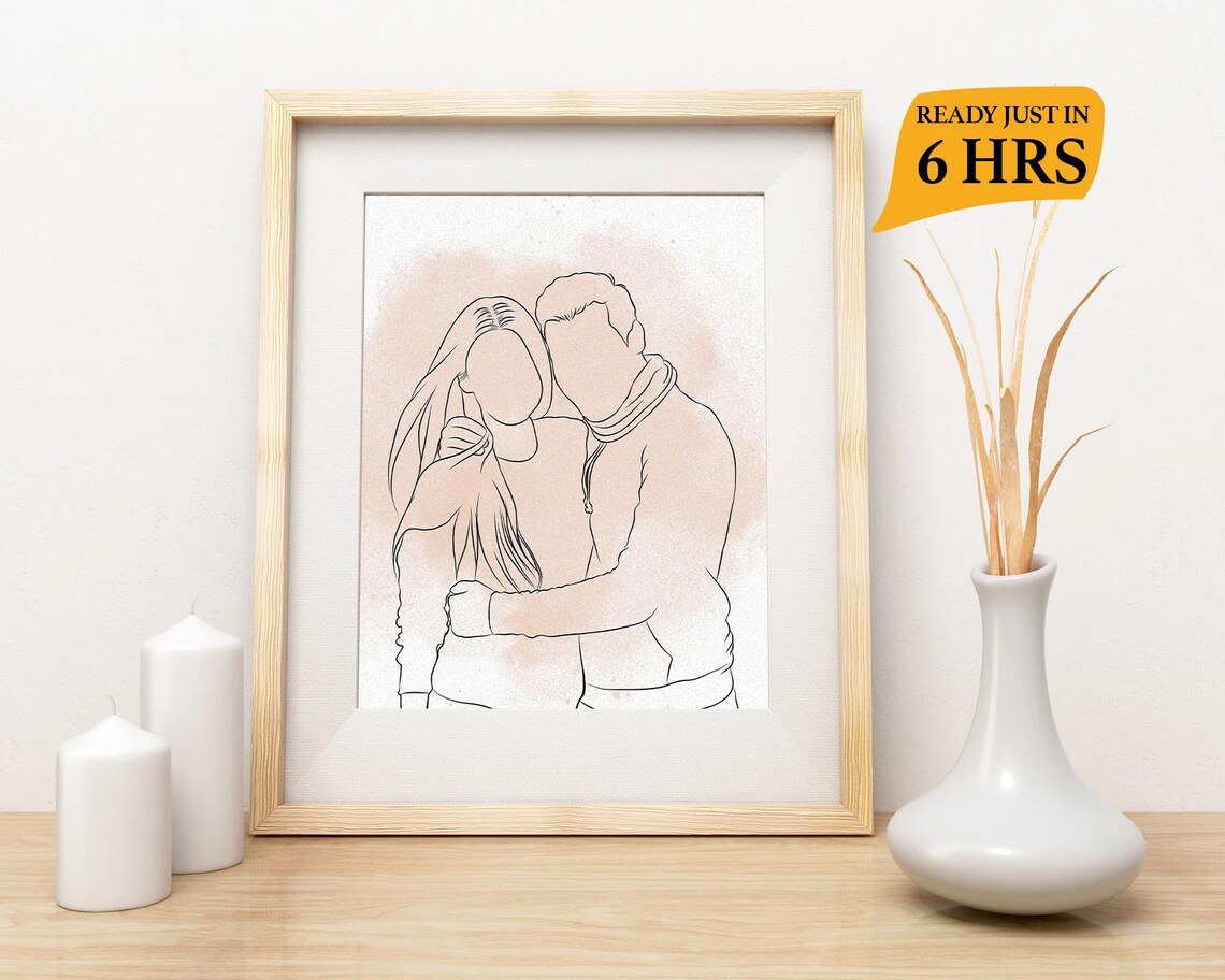 Delicate Line Art Couple Portrait Blush Watercolor Minimalist Poster