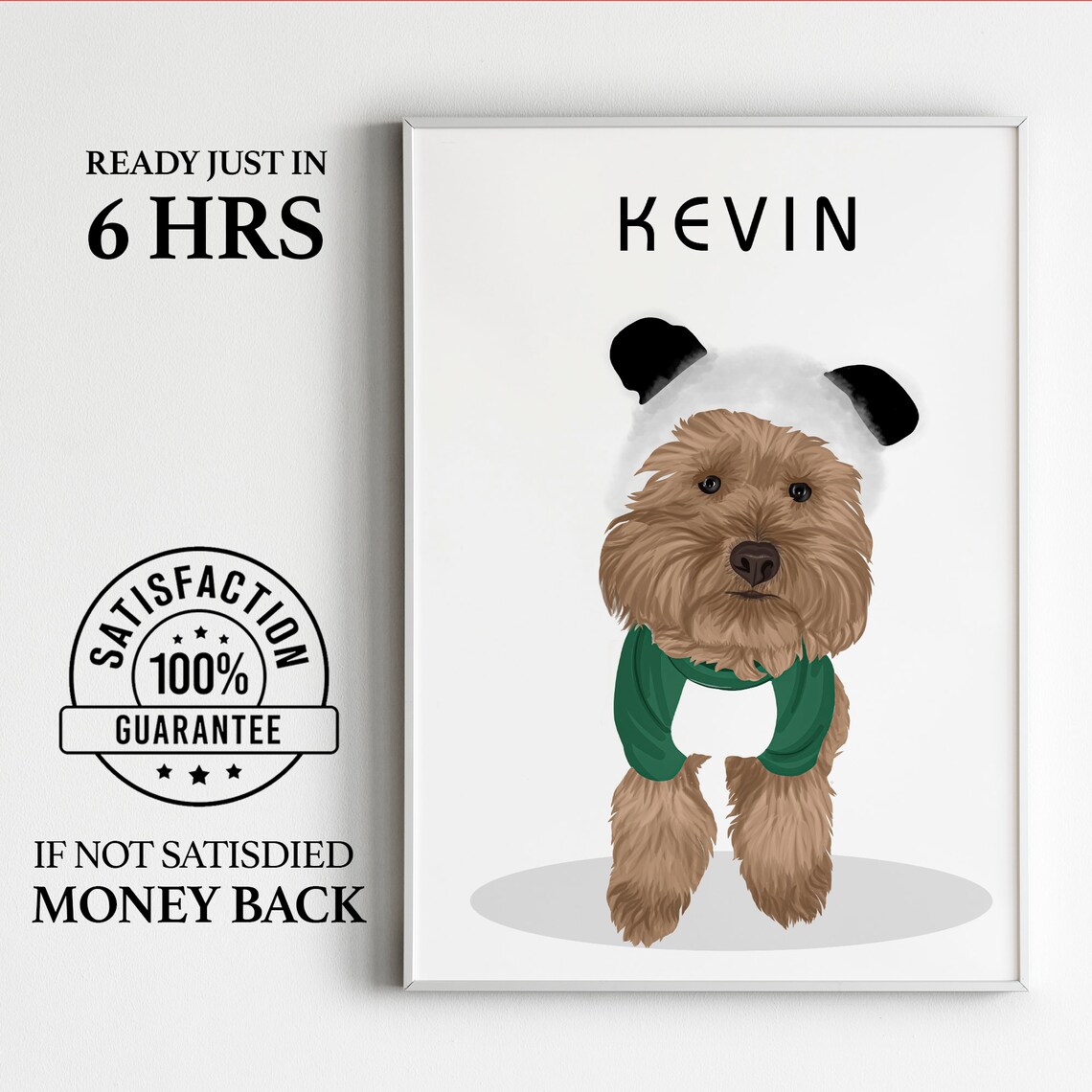 Kevin the Dog in Panda Hat and Green Sweater Cute Pet Portrait Poster - Image 3