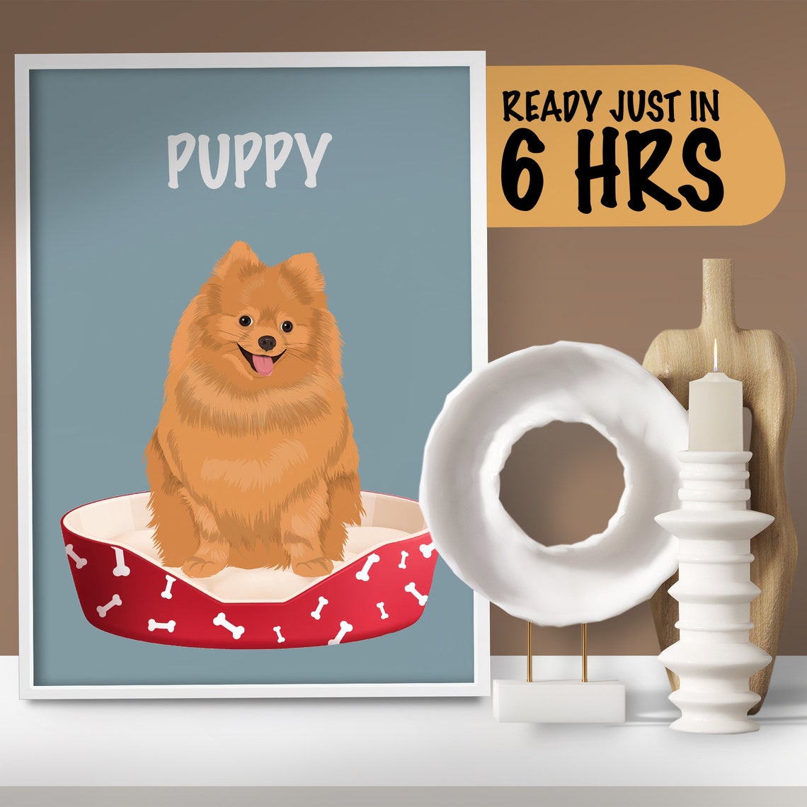 Happy Pomeranian Puppy in Red Bone Pattern Dog Bed Portrait Poster