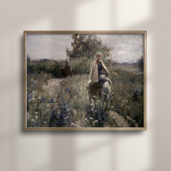 Young Woman Riding Donkey Wildflower Meadow Vintage Pastoral Painting Poster