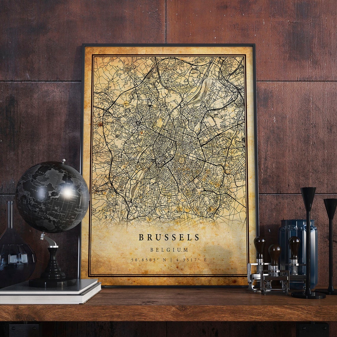 Brussels Belgium Antique Street Map Vintage City Map Travel Poster
