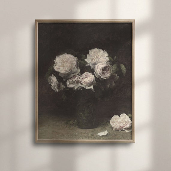 Vintage Roses Painting Antique Floral Artwork French Country Decor Moody Flower Still Life Dark Green C16 1455