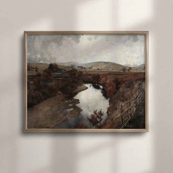 Moody River Wooden Fence Autumn Hills Reflective Water Vintage Painting Poster