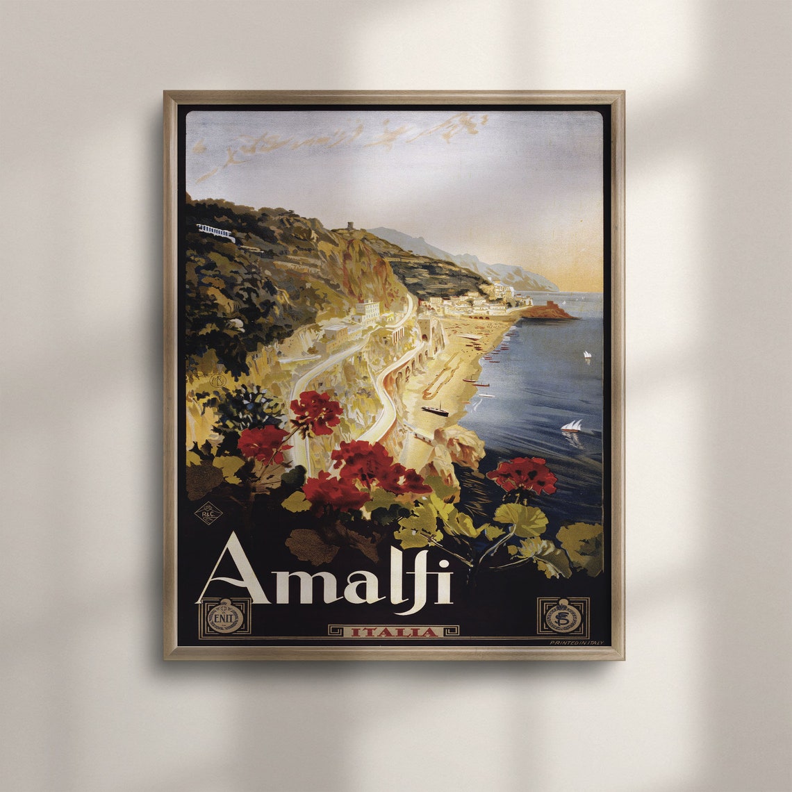 Vintage Amalfi Italia Travel Poster Coastal Cliffs at Sunset