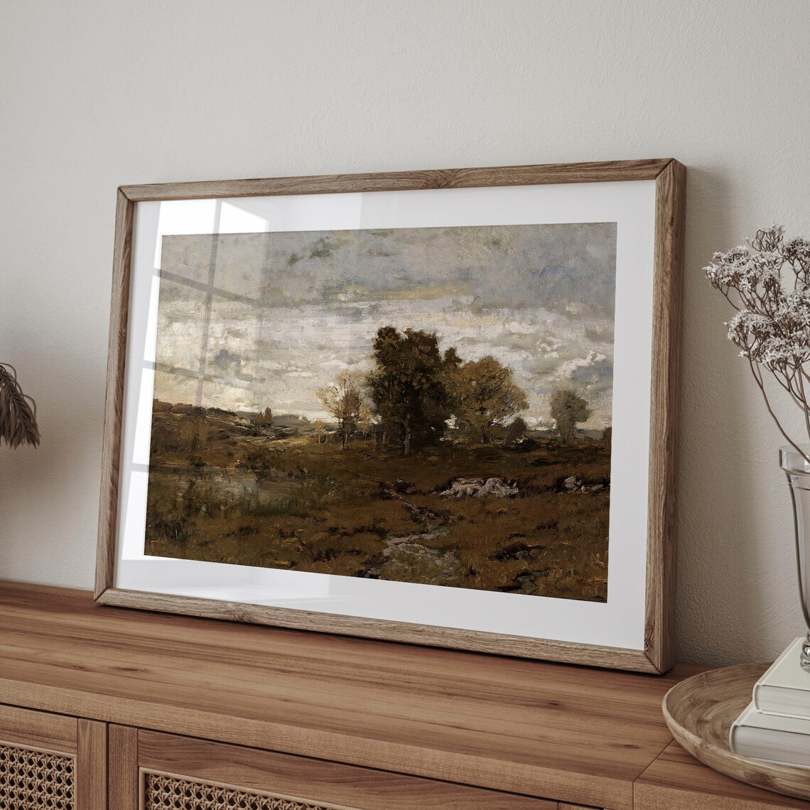 Moody Autumn Landscape Ochre Field With Pond And Cluster Of Trees Print - Image 4