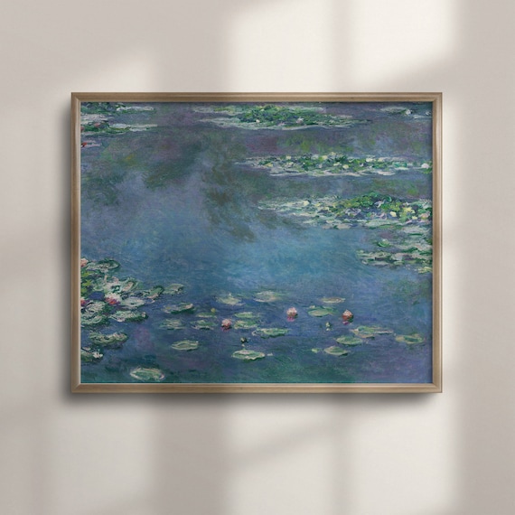 Vintage Water Lilies Painting Lake Landscape Wall Art Lakeside Antique Oil Artwork Home Vintage Decor Landscape Art Print C16 638