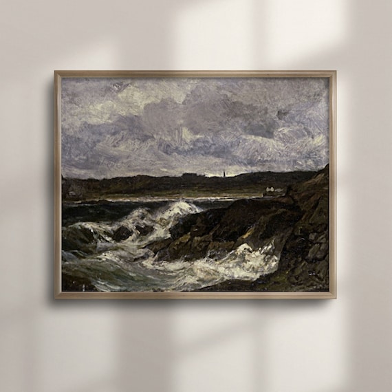 Stormy Rocky Coast With Crashing Waves And Distant Lighthouse Poster