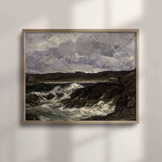 Vintage Coastal Decor Antique Moody Seascape Artwork Stormy Ocean Painting Nautical Wall Art C16 438