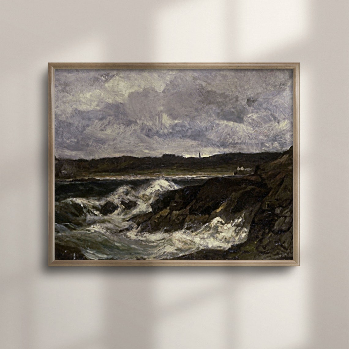 Stormy Rocky Coast With Crashing Waves And Distant Lighthouse Poster