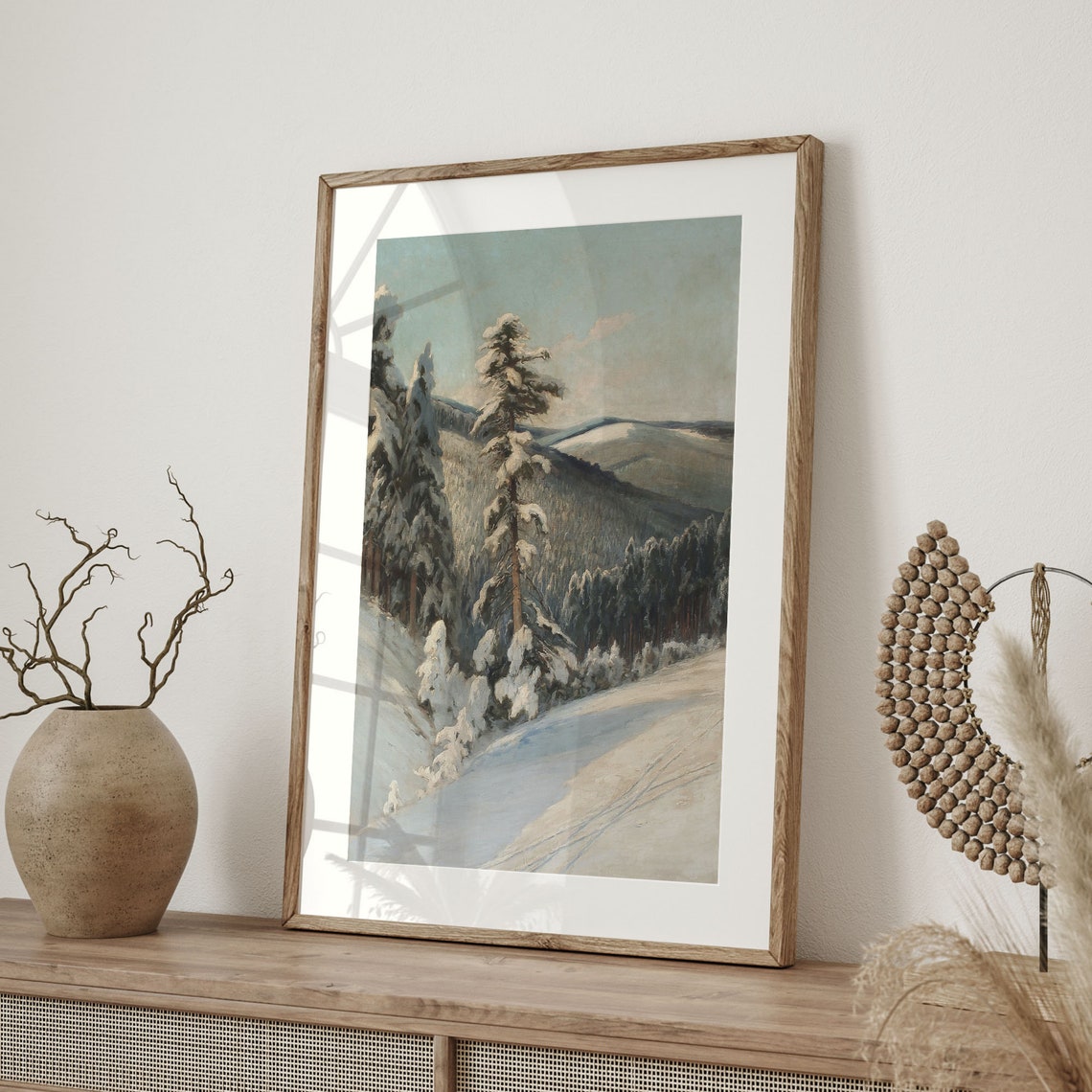 Snowy Forest Valley Winter Pines Rustic Landscape Painting Art Poster - Image 4