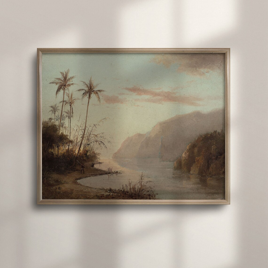 Vintage Tropical Palm Beach Coastline Mountain River Painting Poster