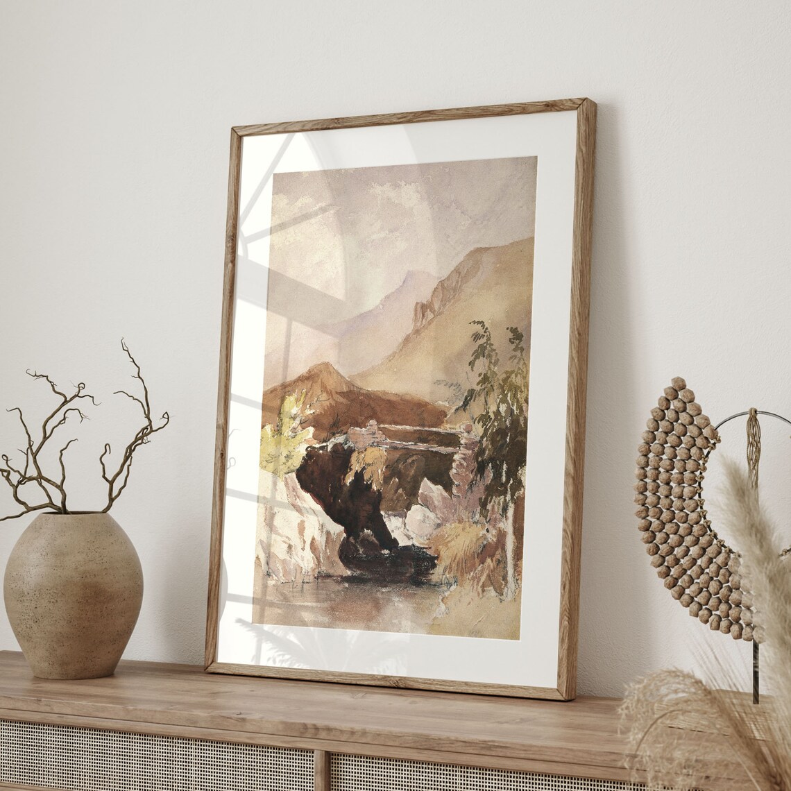 Antique Watercolor Mountain Landscape With Stone Bridge Art Poster - Image 4