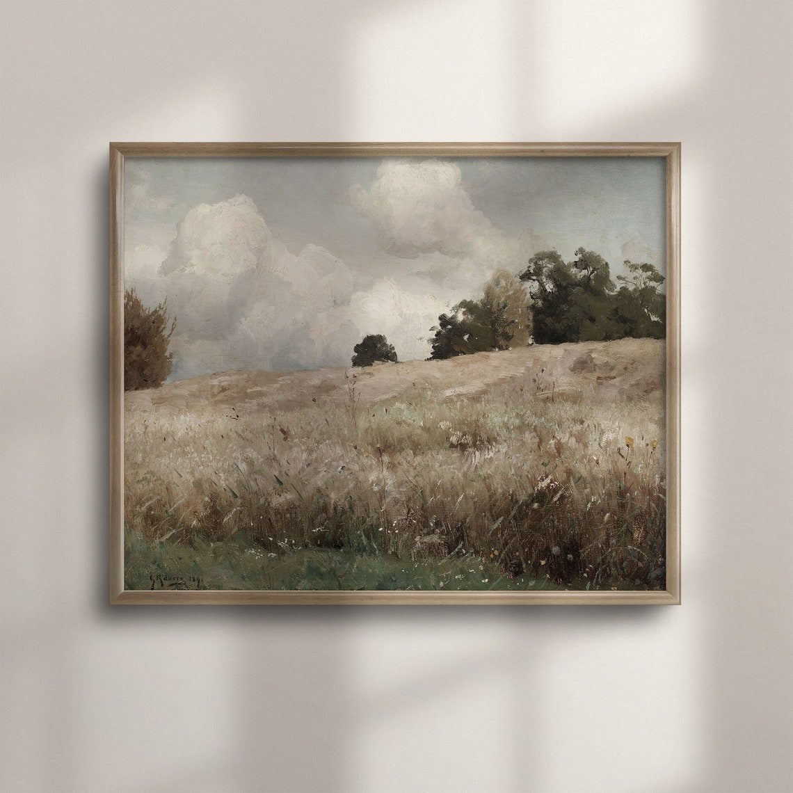 Sunlit Meadow Cumulus Clouds Vintage Landscape Painting Poster