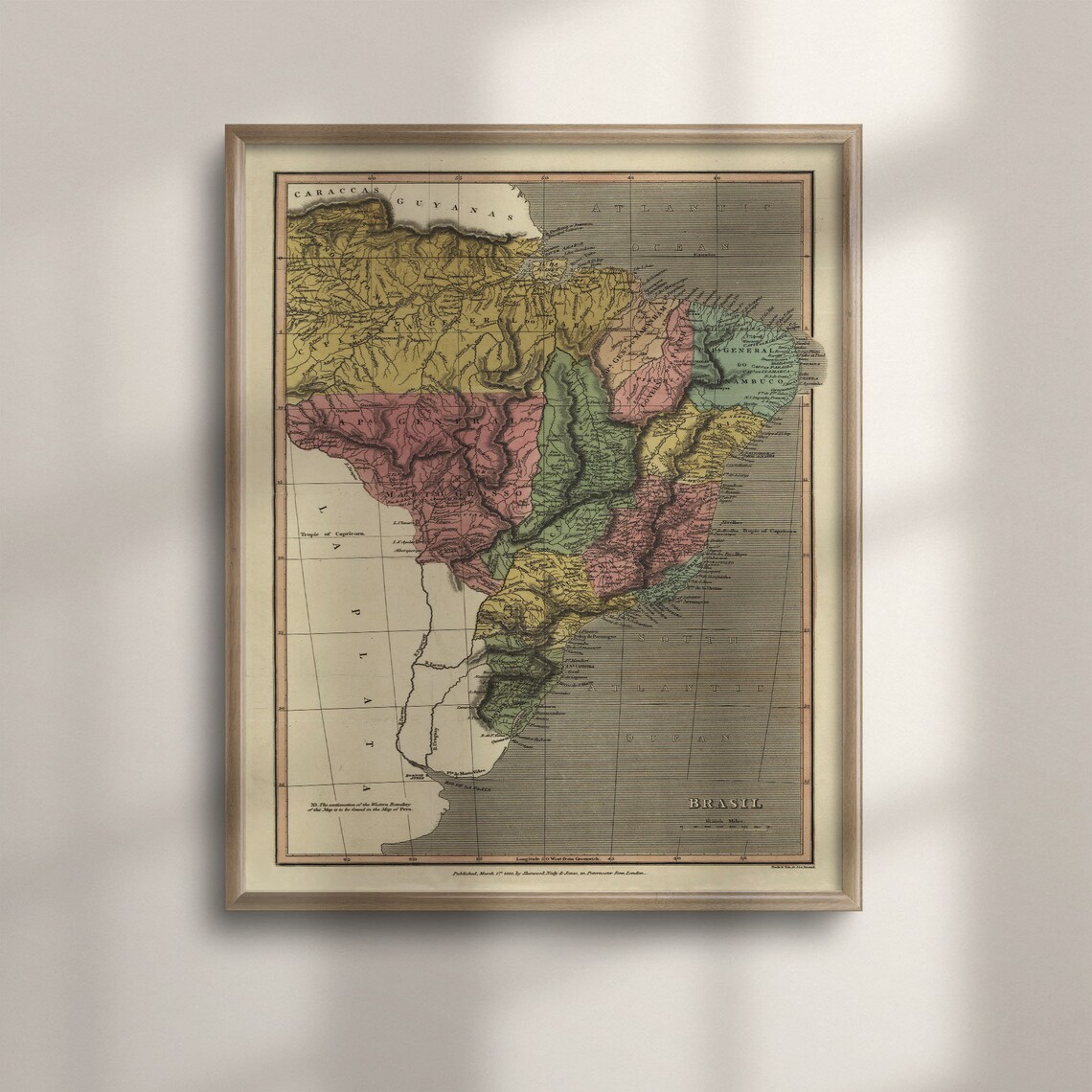 1909 Antique Map of Brazil Hand Colored Atlas Cartography Poster