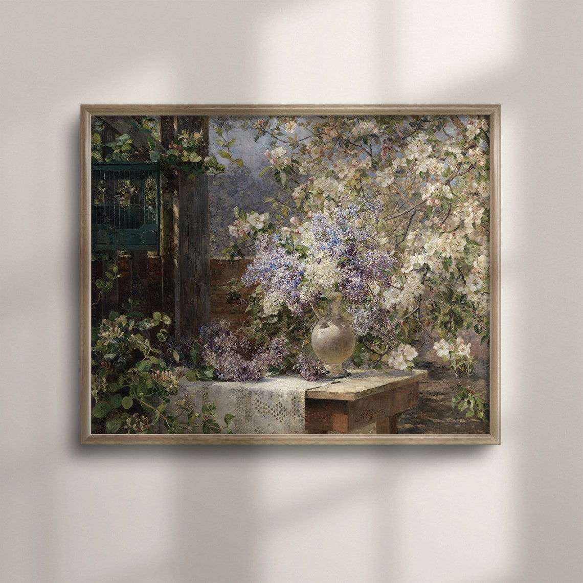 Vintage Garden Lilacs Birdcage Blossoms Spring Scene Painting Poster