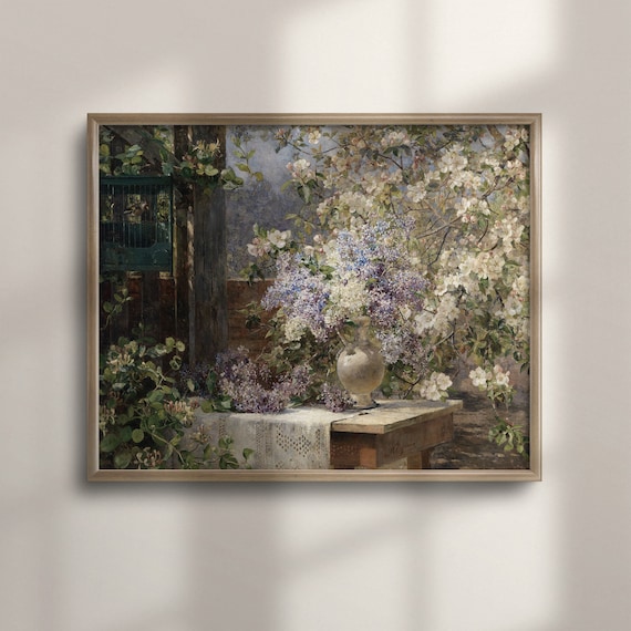 Vintage Garden Lilacs Birdcage Blossoms Spring Scene Painting Poster