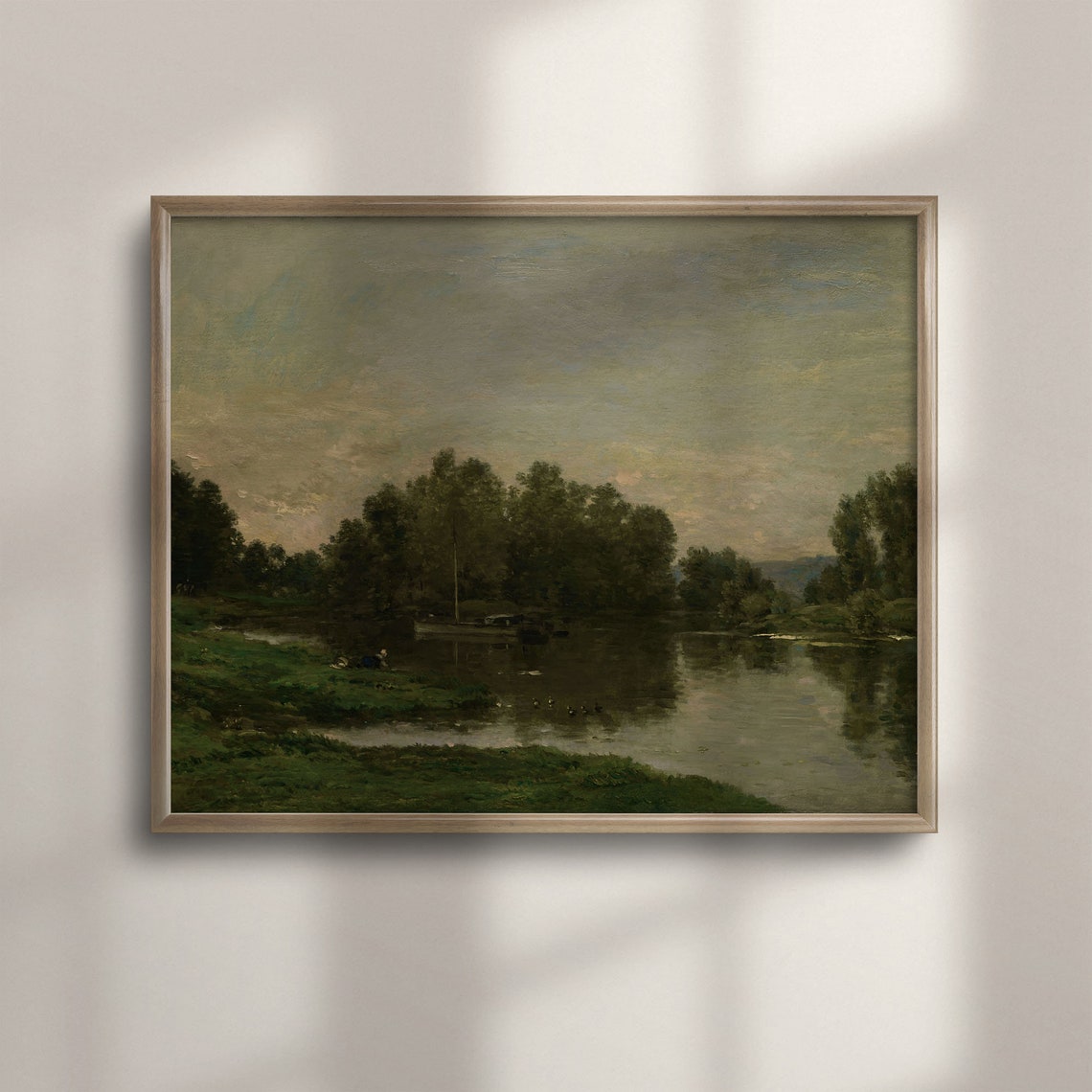 Dark Moody Riverside Landscape Oil Painting With Trees At Dusk Print
