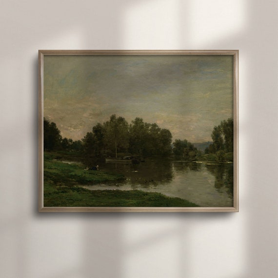 Rustic Farmhouse Decor Antique River And Forest Landscape Oil Painting Vintage Wall Art Country Home Decor C16 582