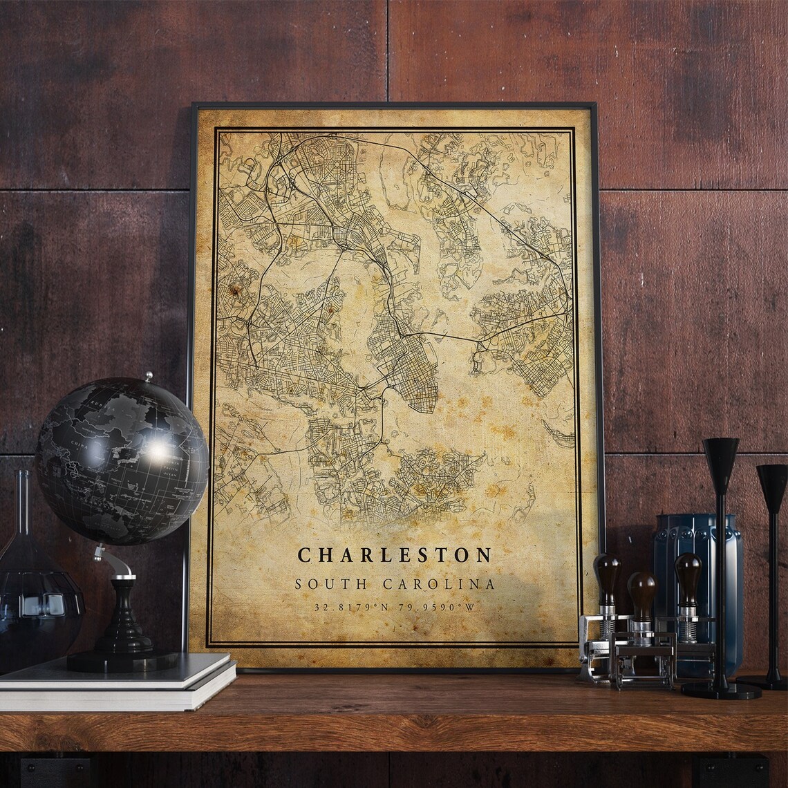 Charleston Vintage Map Poster, Rustic South Carolina