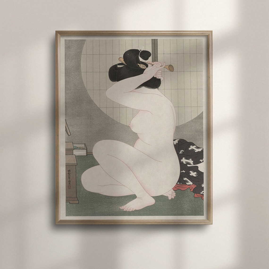 Hakuho Hirano 1932 Nude Woman Combing Hair Japanese Woodblock Poster