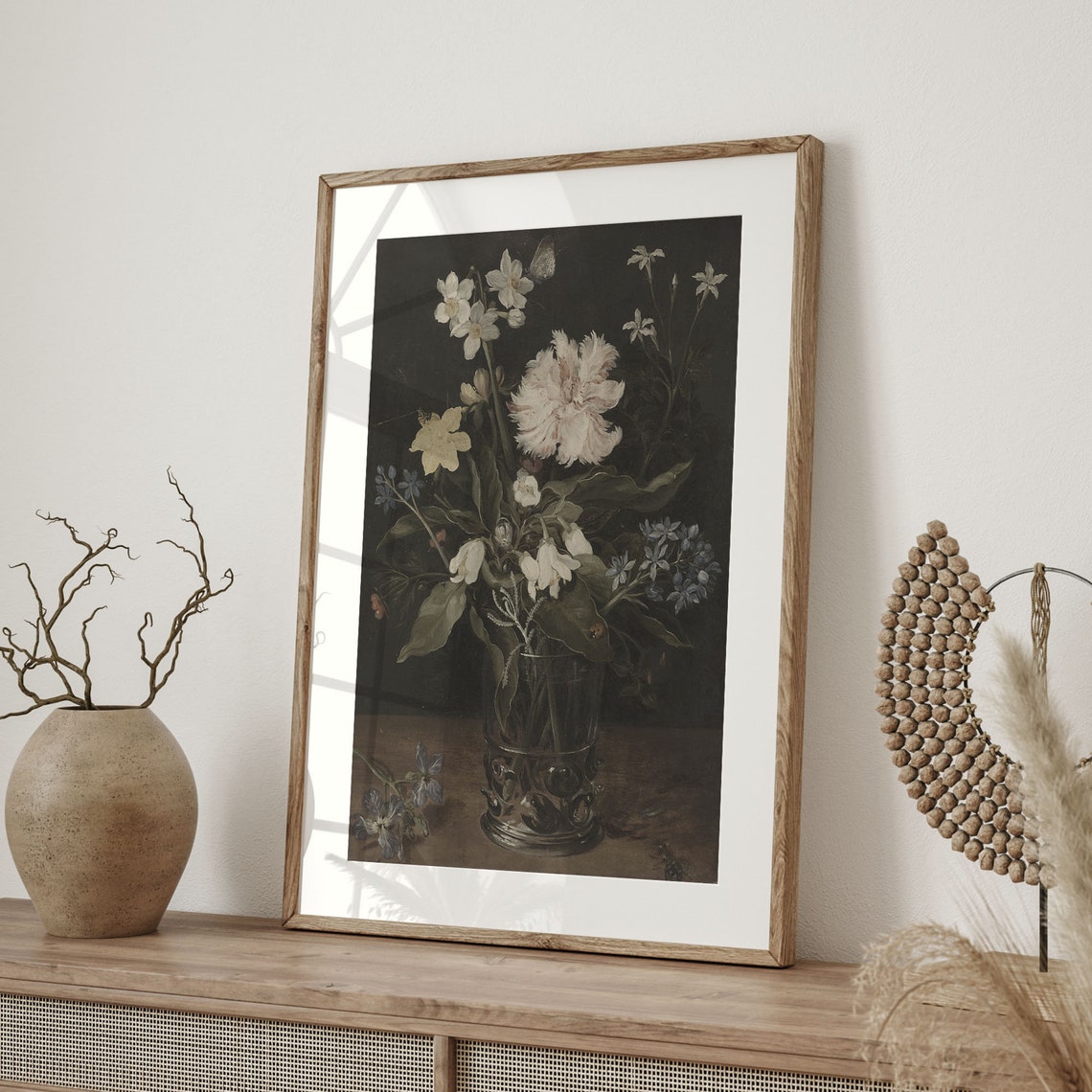 Dark Dutch Floral Still Life with White Flowers in a Glass Vase Poster - Image 4