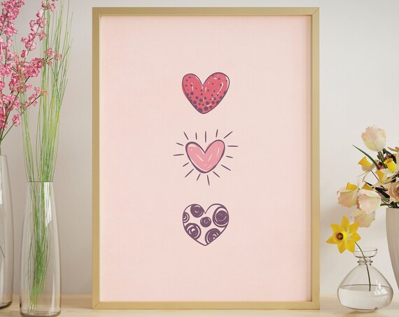 Blush Pink Cute Wall Art Hand Drawn Hearts Wall Art Cute Wall Decor Heart Poster Aesthetic Trendy Wall Art Relationship Gift
