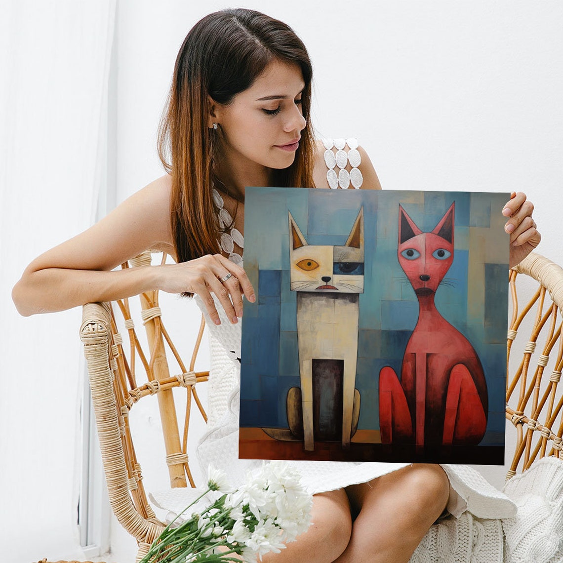 Two Cubist Cats Abstract Geometric Cream Red Modern Feline Art Poster - Image 3
