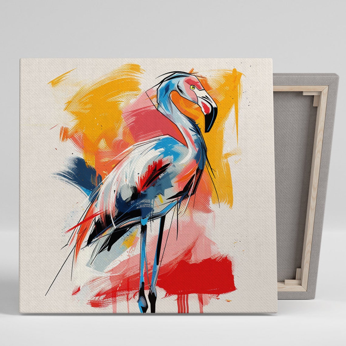 Abstract Flamingo Brushstroke Blue Red Yellow Modern Bird Wall Poster