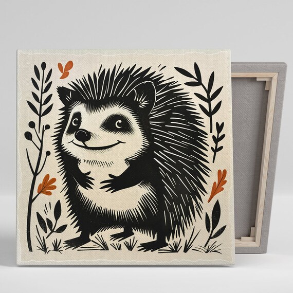 Smiling Hedgehog Linocut Folk Art Cute Whimsical Nursery Wall Poster