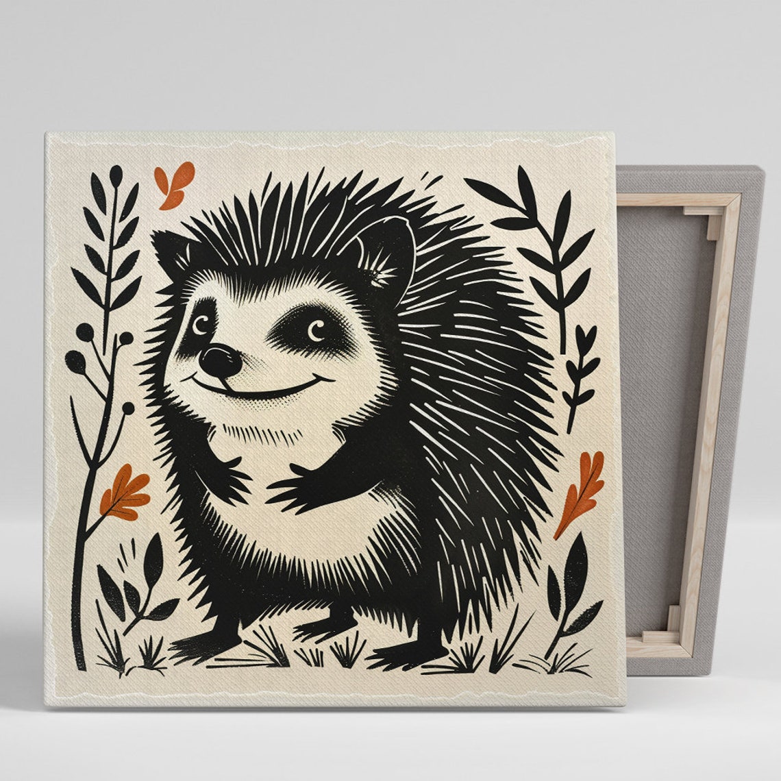 Smiling Hedgehog Linocut Folk Art Cute Whimsical Nursery Wall Poster
