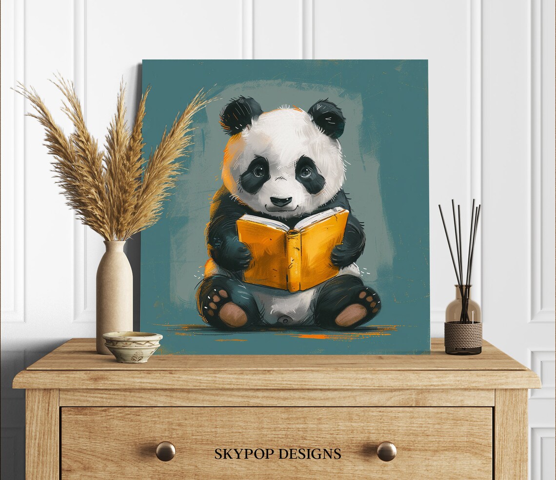 Bookworm Panda Baby Panda Reading Yellow Book Teal Background Wall Poster - Image 2